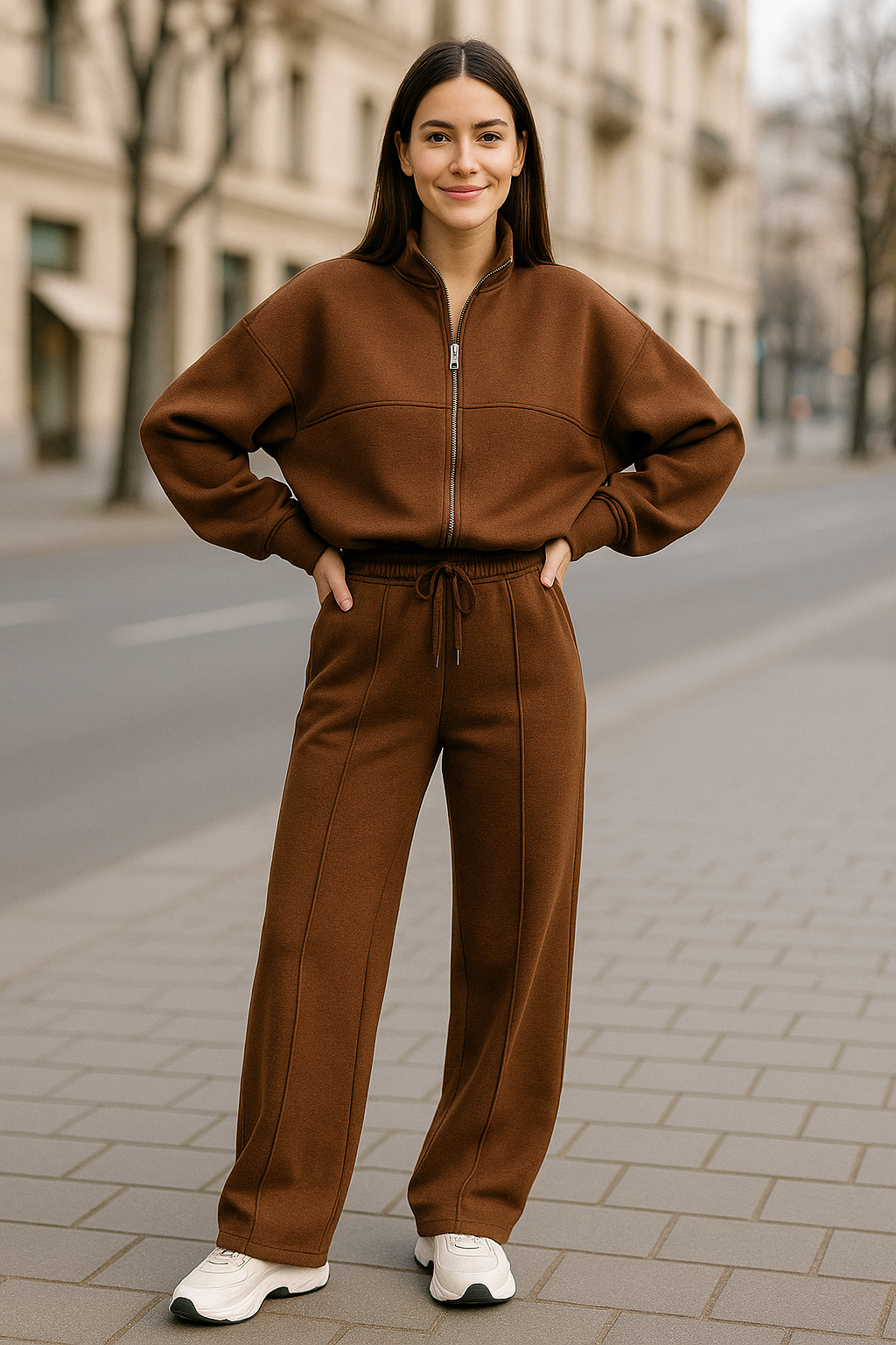 Tweedelige Rrainingspak Set Voor Dames, Sweatshirtjas Met Rits En Broek Met Wijde Pijpen En Trekkoord, Casual Sportkleding Outfit | VIQA VIQA© NEDERLAND