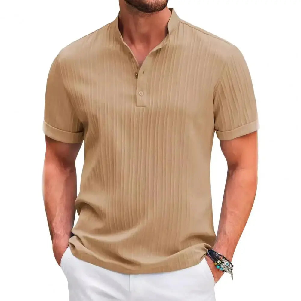 Heren Geborduurd Gestreept Katoenen Henry Overhemd VIQA© NEDERLAND