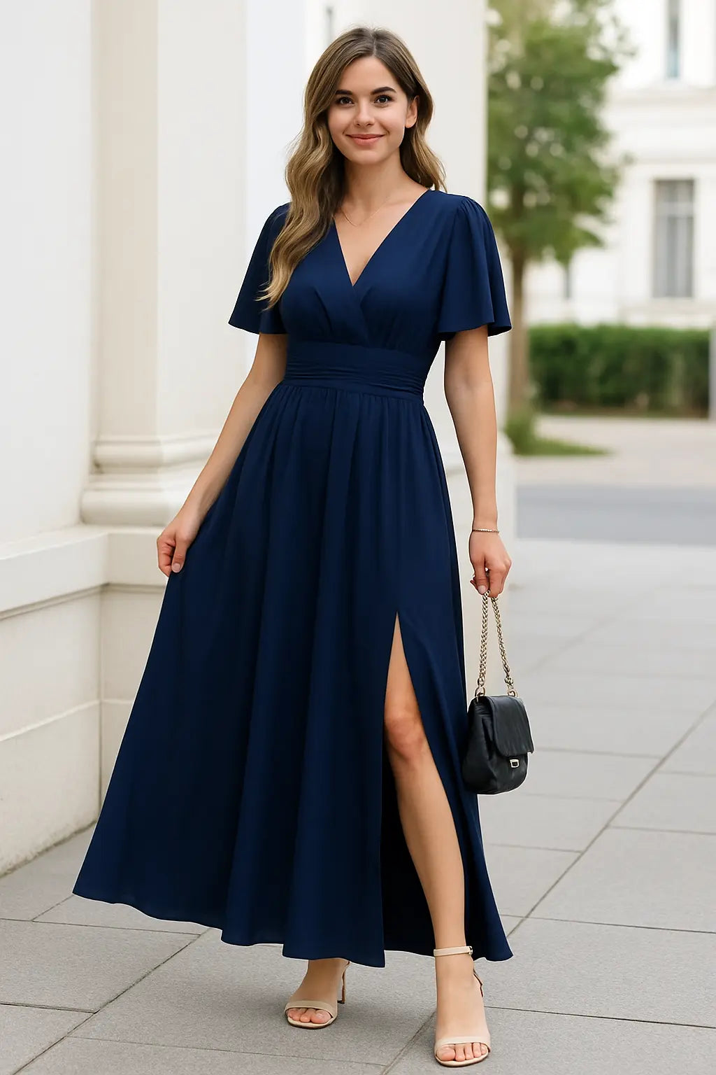 Dames Elegante V-hals Maxi Jurk, Zomer Korte Mouwen Hoge Taille Slank Fit Casual Jurk| VIQA VIQA© NEDERLAND