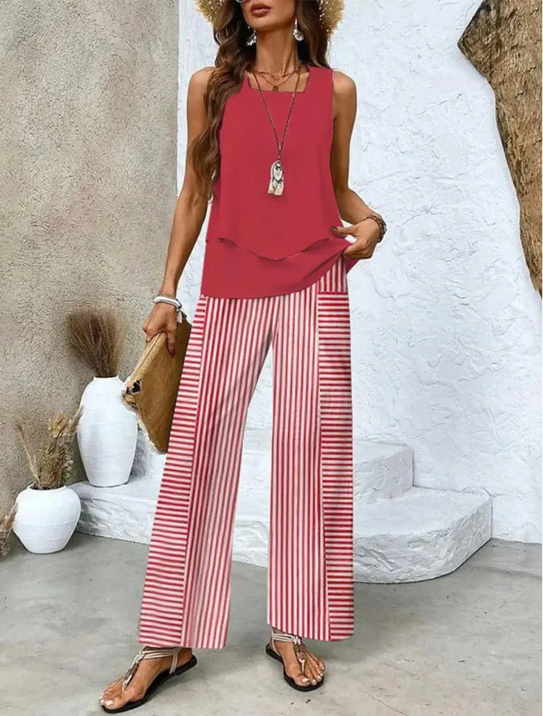 Dames Zomers Tweedelig Setje Met Korte Mouwen VIQA© NEDERLANDRoze-Rood-2XL