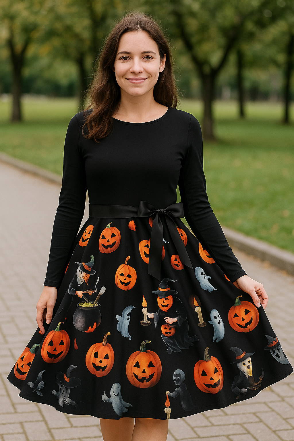 Dames Halloween Jurk, Lange Mouwen O-Hals Casual Zwarte Pompoen Print Feestjurk | VIQA VIQA© NEDERLAND