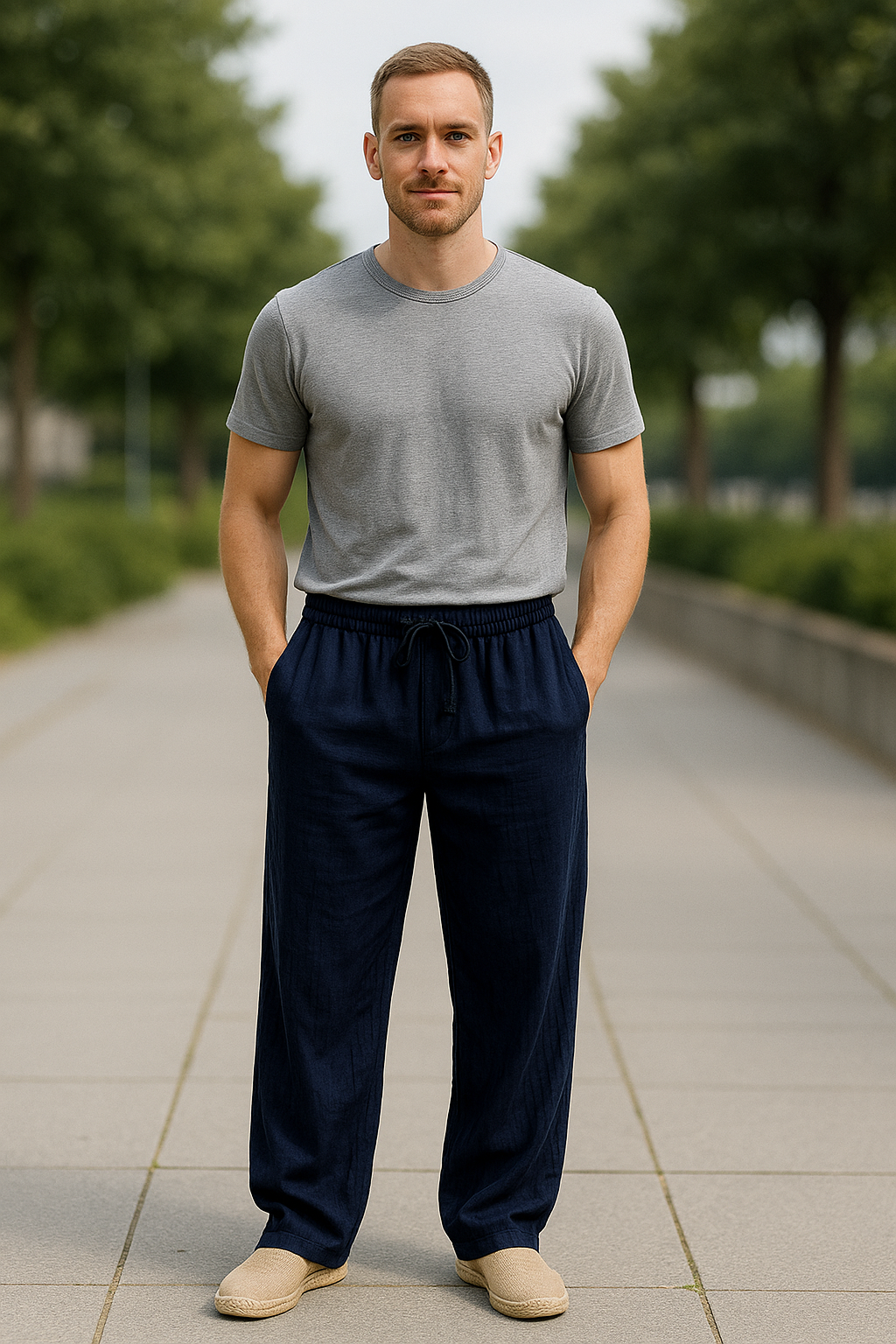 Herenbroek Van Katoen En Linnen, Effen Minimalistische Casual Broek Met Trekkoord En Rechte Pijpen | VIQA VIQA© NEDERLAND