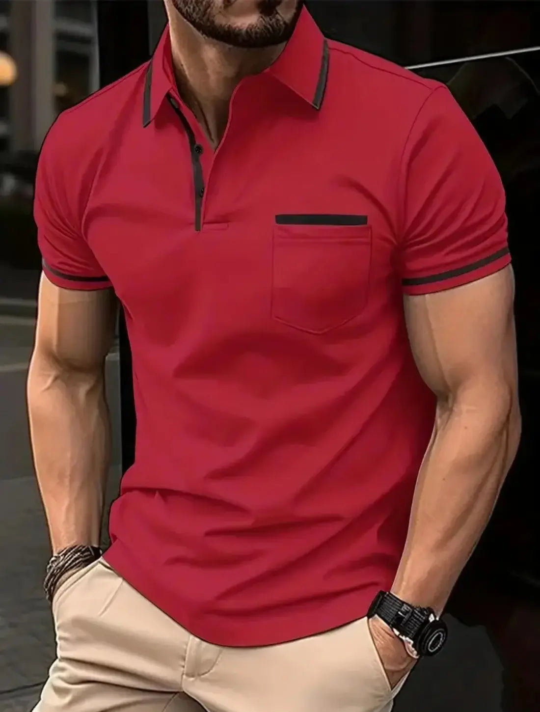 Heren Elegant Polo Shirt Met Zakken En Korte Mouwen VIQA© NEDERLANDRood-2XL