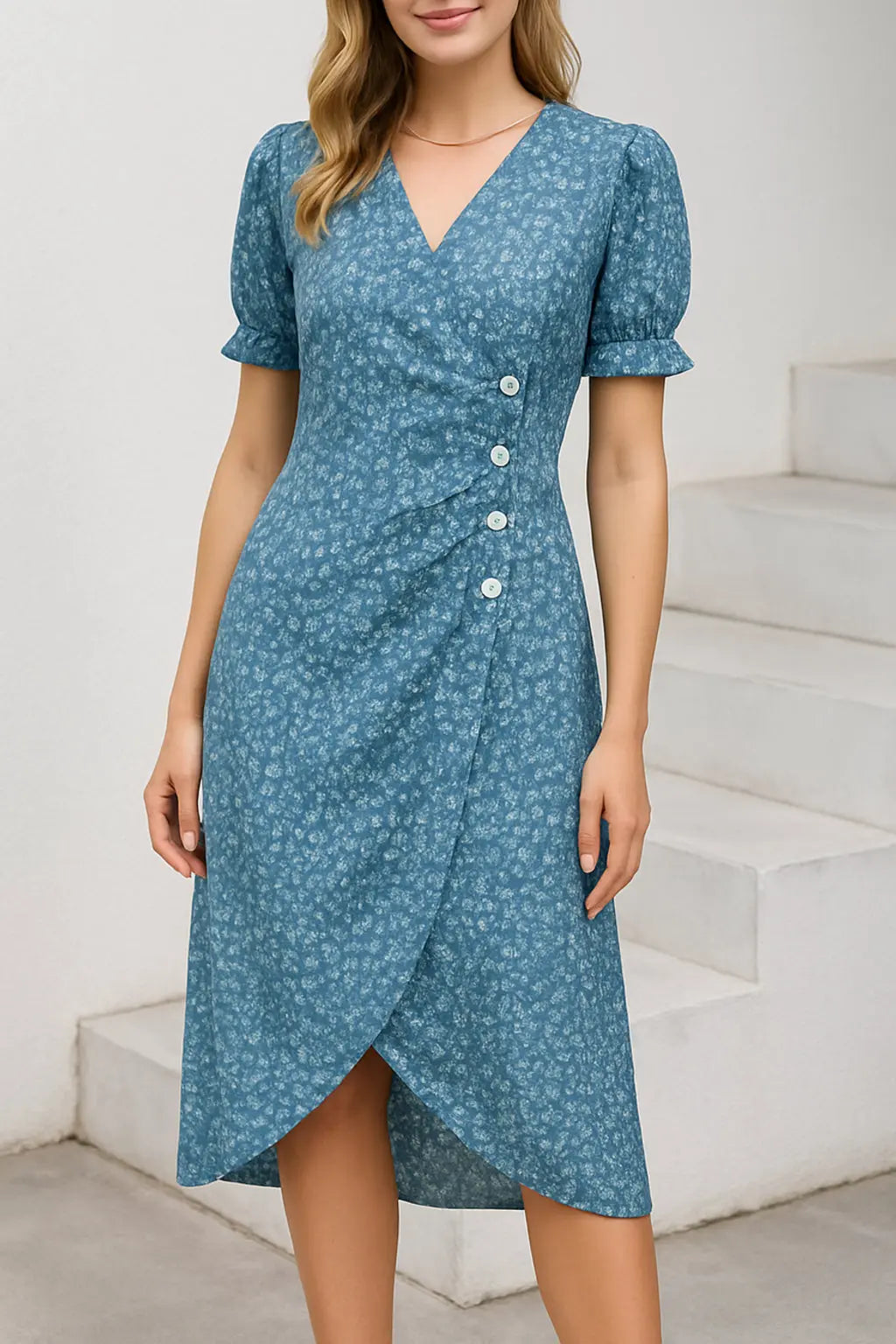 Dames Midi Jurk Met Bloemenprint, Elegante Zomerjurk Met V-Hals, Pofmouwen, Plooien En Knopen | VIQA VIQA© NEDERLANDBlauw-2XL