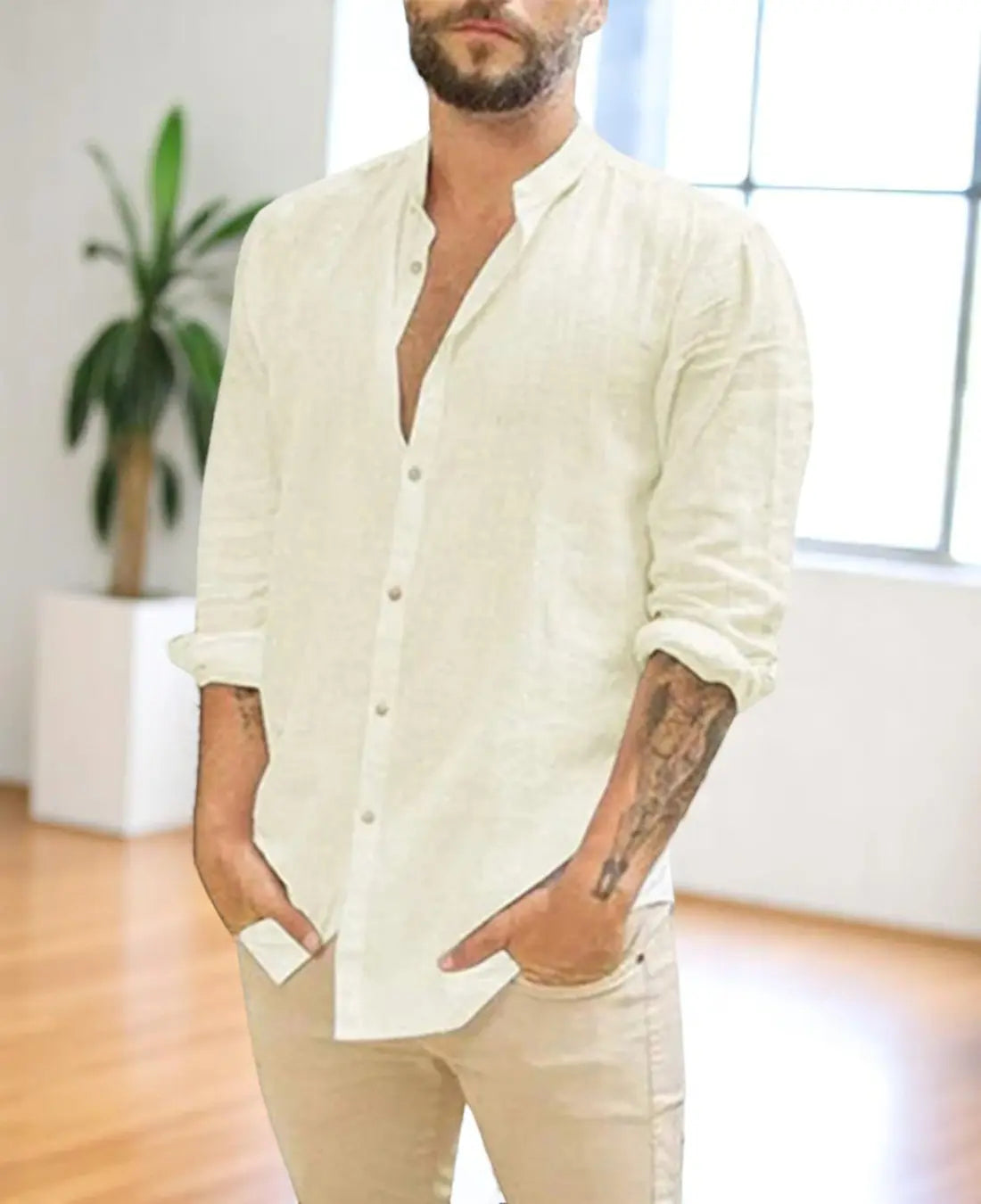 Casual Heren Katoen Overhemd Met Lange Mouwen VIQA© NEDERLANDBeige-2XL