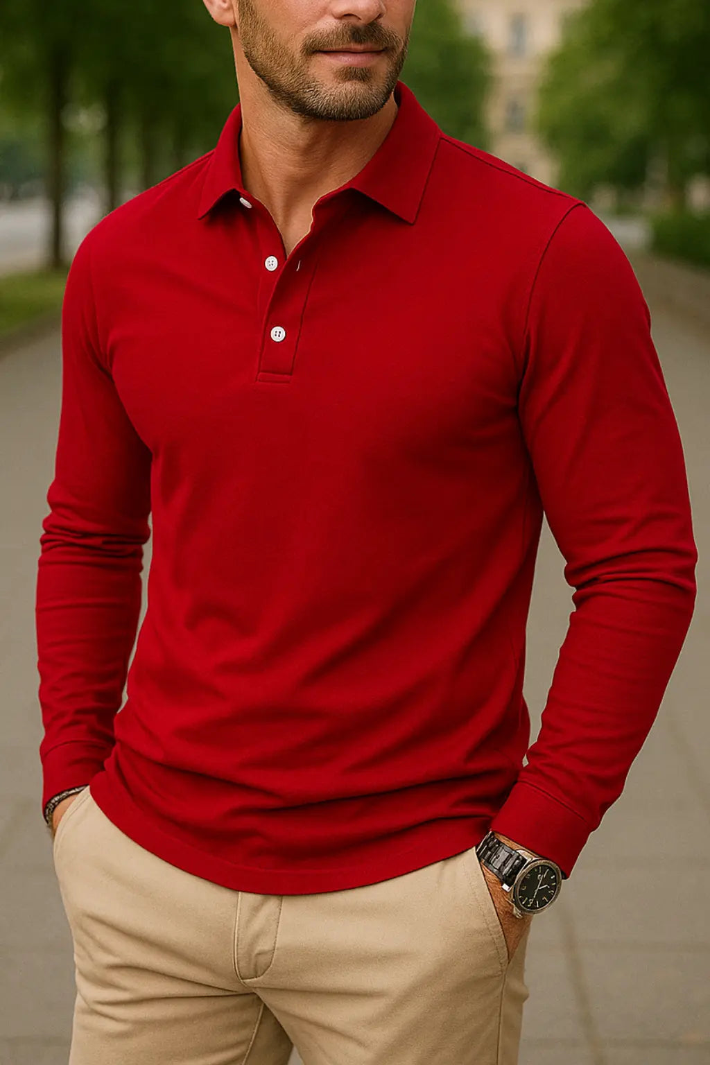 Heren Langmouwen Shirt, Wijde Pasvorm, Kralendetails, Lichtgewicht Top Voor Dagelijks Gebruik | VIQA VIQA© NEDERLANDRood / 2XL