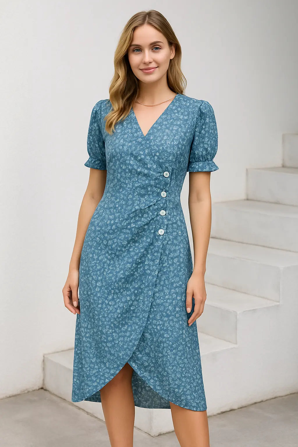 Dames Midi Jurk Met Bloemenprint, Elegante Zomerjurk Met V-Hals, Pofmouwen, Plooien En Knopen | VIQA VIQA© NEDERLAND