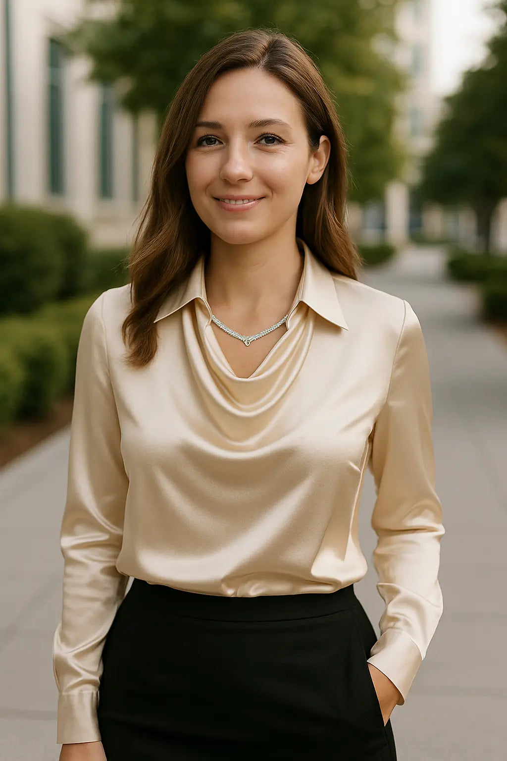 Dames Satijn Lange Mouw Shirt, Los Fit Kapsel Kraag Blouse, Effen Kleur Elegante Dagelijkse Top | VIQA VIQA© NEDERLAND