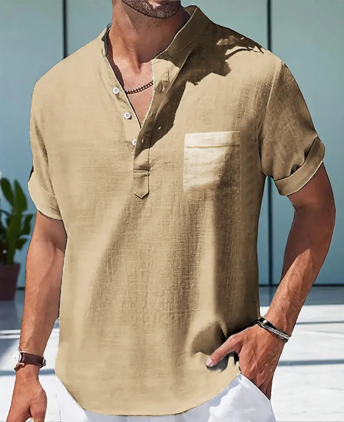 Heren Zomer Linnen Shirt, Casual Korte Mouwen, Ademende Staande Kraag Top Met Zak | VIQA VIQA© NEDERLANDKaki-2XL