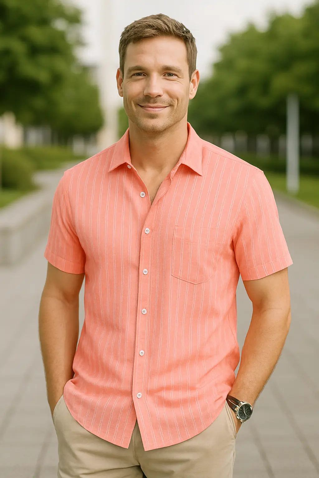 Heren Linnen Shirt, Zomerse Gestreepte Jacquard Met Korte Mouwen, Casual Effen Kleur, Comfortabele Pasvorm | VIQA VIQA© NEDERLAND