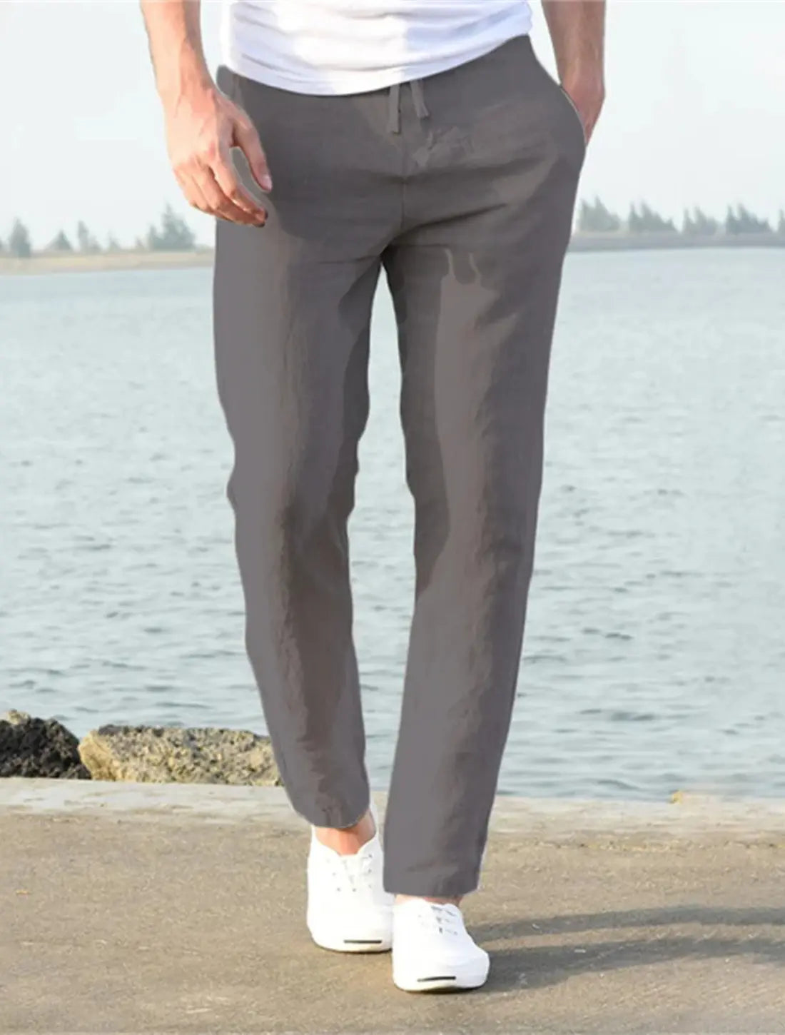 Heren Zomerbroek Katoen Linnen, Lichtgewicht Ademende Broek, Slank Fit Vrijetijdskleding | VIQA VIQA© NEDERLANDGrijs-2XL