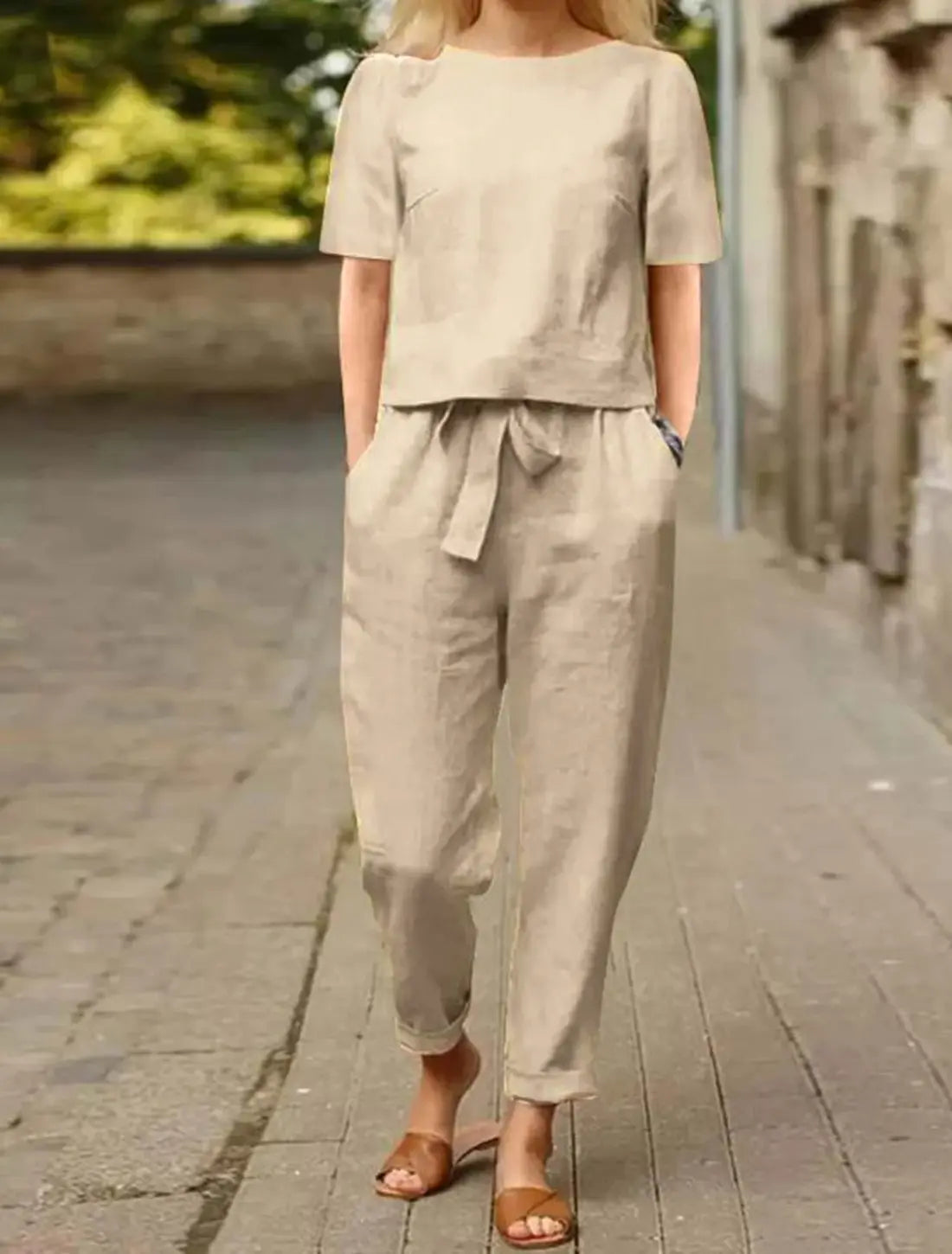 Dames Elegante Tweedelige Linnenset VIQA© NEDERLANDBeige-2XL