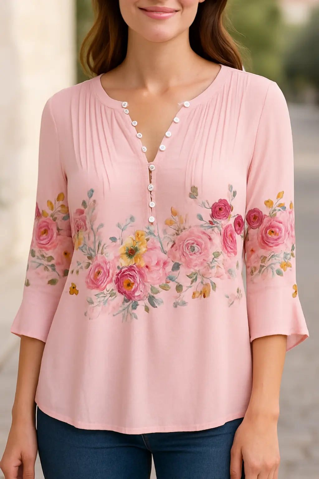 Dames Bloemen V-Hals Blouse, Korte Mouw Knoopdetail Zomer T-Shirt | VIQA VIQA© NEDERLANDRoze / 2XL
