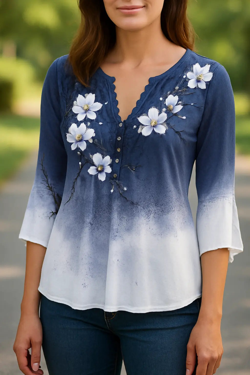 Dames Elegant Gedrukte Blouse, Casual Lange Mouwen Stijlvol Overhemd Top | VIQA VIQA© NEDERLANDBlauw / 2XL