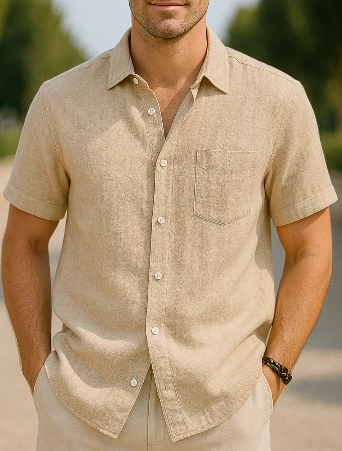 Heren Shirt Met Korte Mouwen, Zomerse Casual Strandkleding, Effen Kleur Gedraaide Kraag | VIQA VIQA© NEDERLANDKaki / 2XL