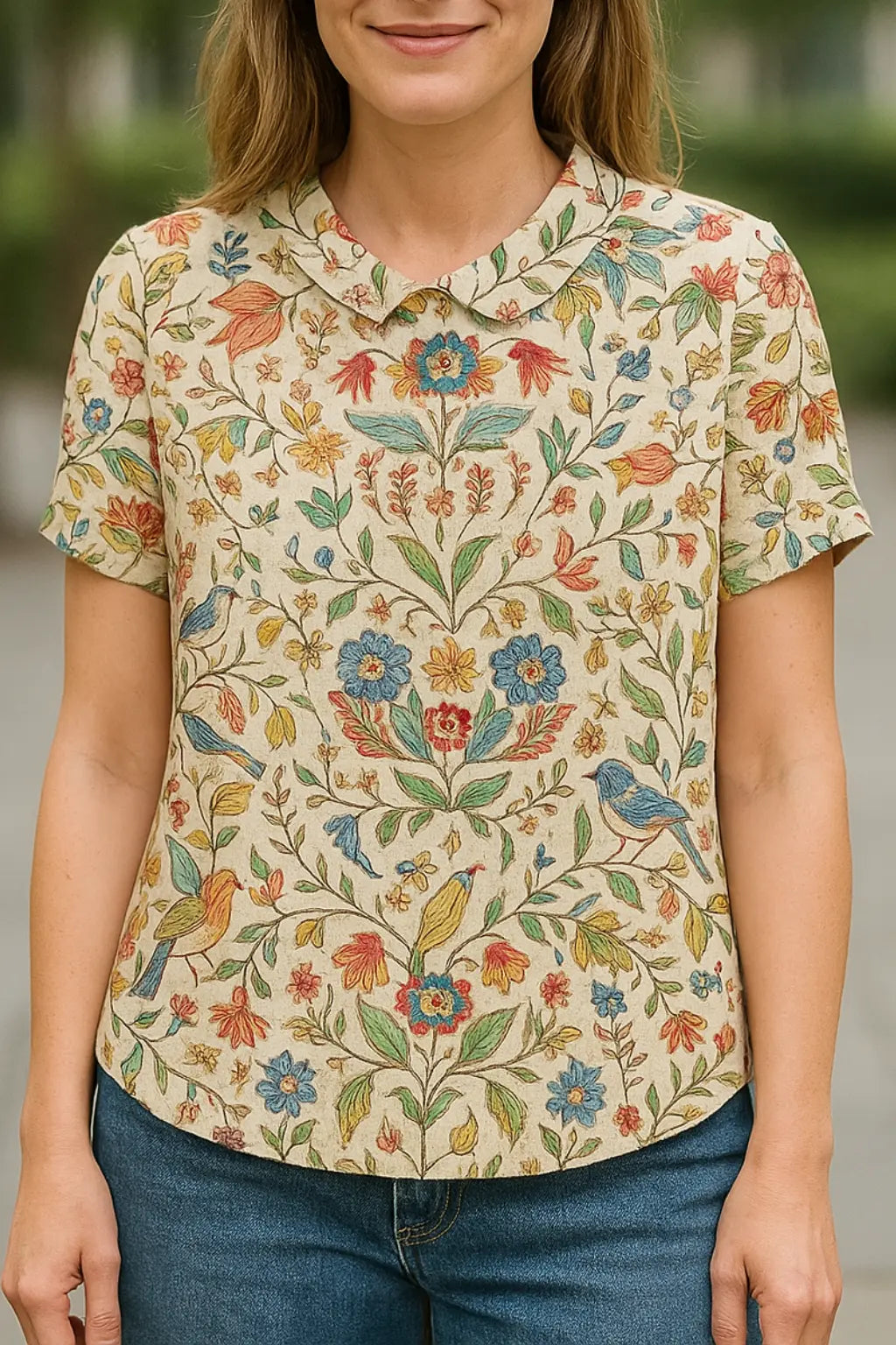 Dames Linnen Bloemen Shirt, Lichtgewicht Korte Mouw Kap Blouse Met Print, Casual Top | VIQA VIQA© NEDERLANDBeige-Bomen / 2XL