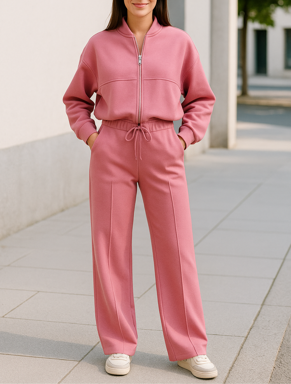 Tweedelige Rrainingspak Set Voor Dames, Sweatshirtjas Met Rits En Broek Met Wijde Pijpen En Trekkoord, Casual Sportkleding Outfit | VIQA VIQA© NEDERLAND