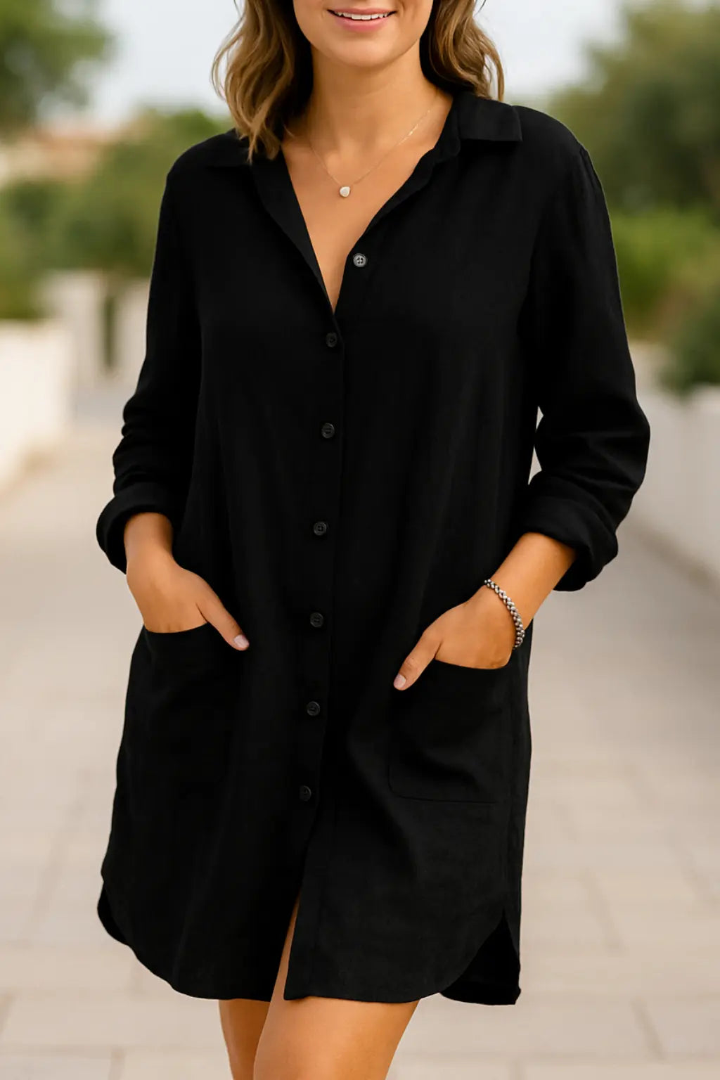 Dames Katoen Linnen Lange Overhemd Jurk, Multi-knoop Vest Top | VIQA VIQA© NEDERLANDZwart / 2XL