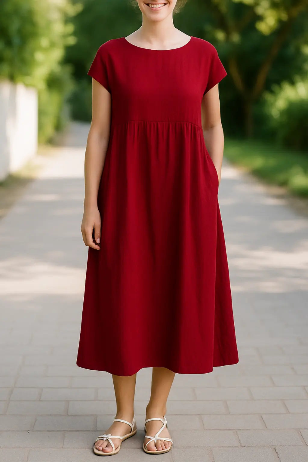 Dames Midi Jurk, Elegante Effen Kleur Met Korte Mouwen, O-Hals En Zakken | VIQA VIQA© NEDERLANDRood / 2XL