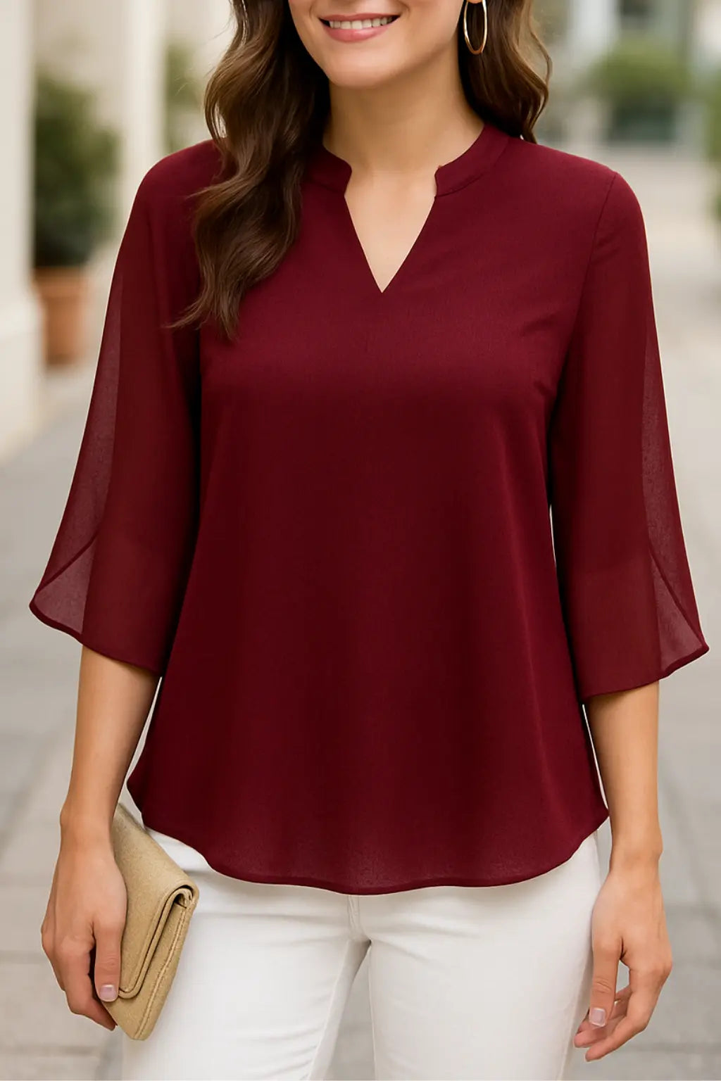 Dames Chiffon V-Hals Top, Los Fit Zomer T-Shirt Met Bloemblaadjes Mouwen, Lichtgewicht Casual Blouse | VIQA VIQA© NEDERLANDDonker-Rood / 2XL