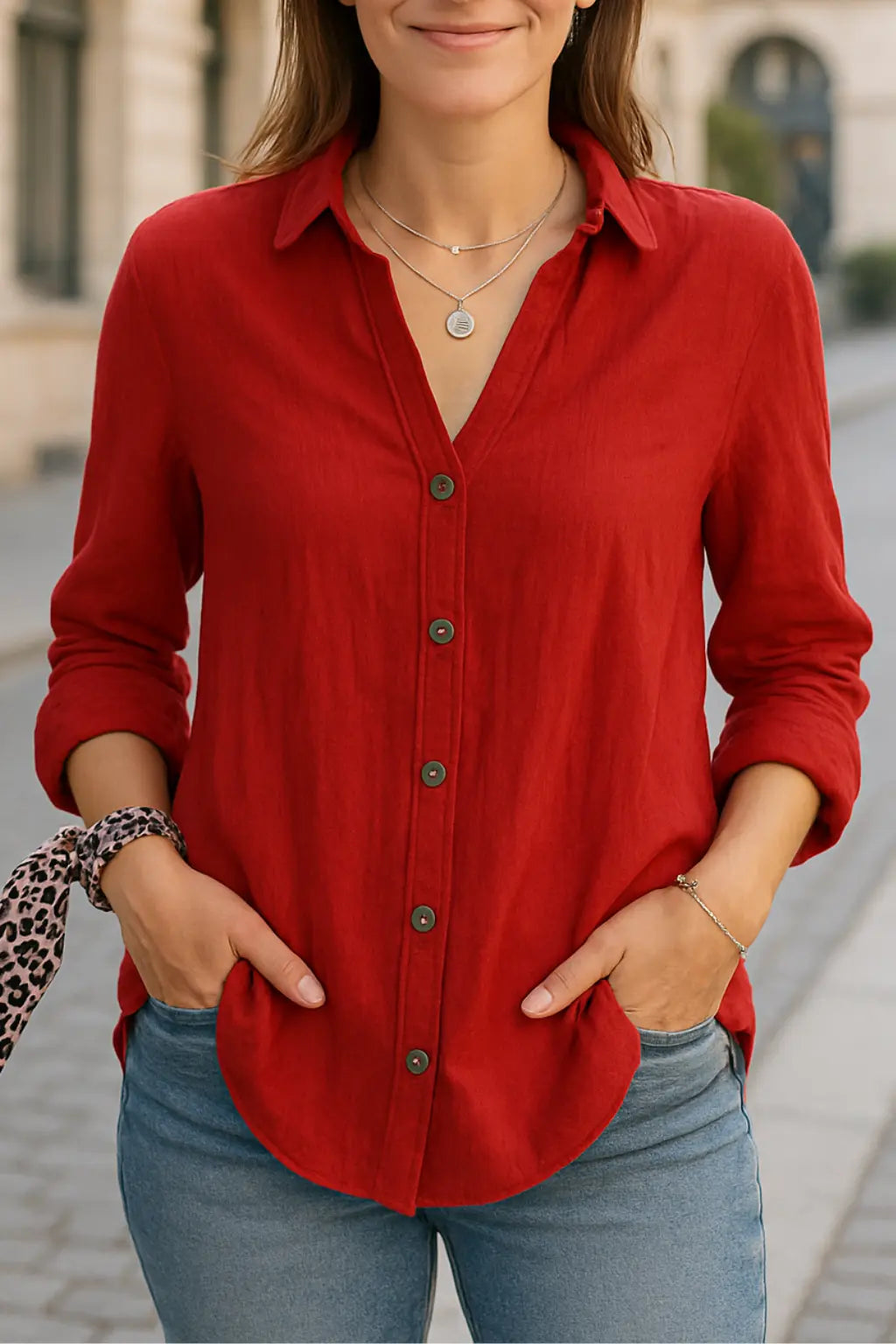 Dames Knoop Down Blouse, Lange Mouw Geplooid Shirt Met Zakken, Zomer Casual Top | VIQA VIQA© NEDERLANDRood / 2XL