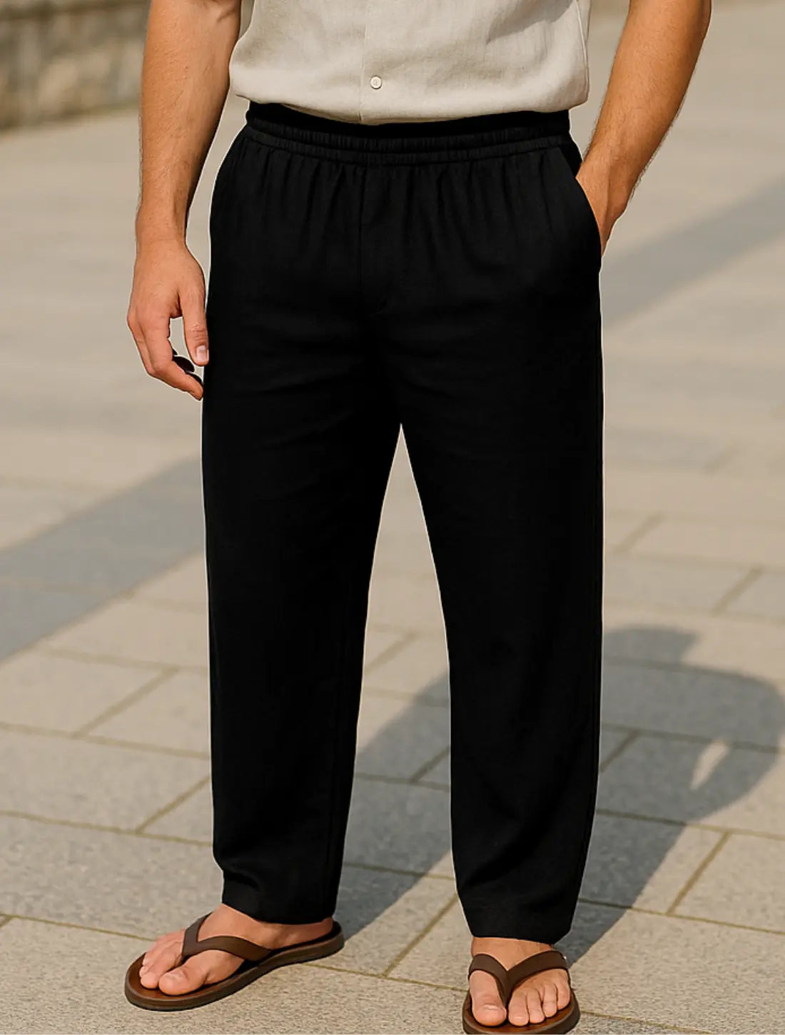 Heren Zomerbroek, Effen Kleur Katoenmix Casual Lange Broek, Los Ademend Strandgoed | VIQA VIQA© NEDERLANDZwart / 2XL