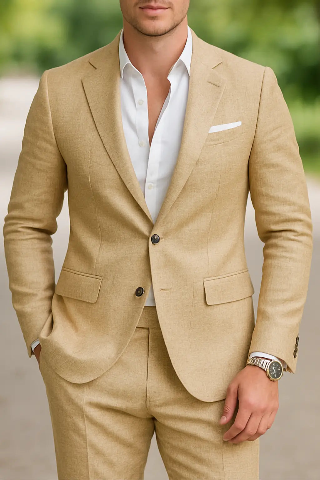 Heren Linnen Zomerpak Set, 2-delige Slim Fit Strand Bruiloft Outfit, Notch Revers Blazer En Broek | VIQA VIQA© NEDERLANDKaki / 2XL