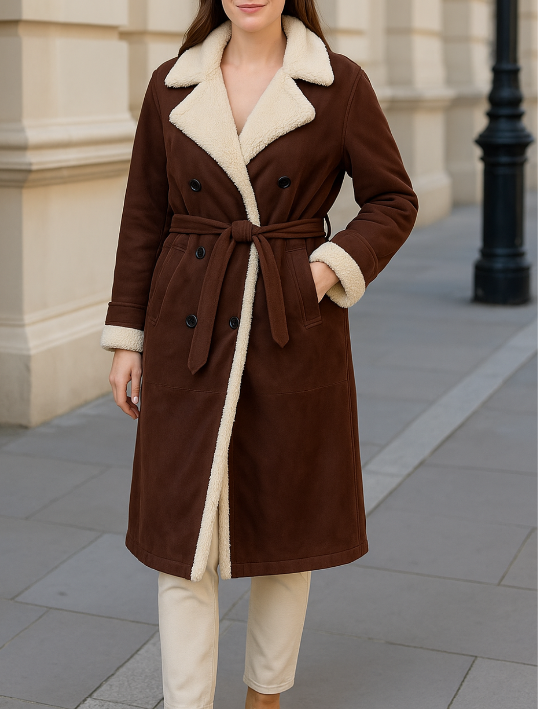 Dames Kunstleren Wollen Jas, Halflange Jas Met Riem En Omgeslagen Kraag, Warme Winteroverjas | VIQA VIQA© NEDERLAND