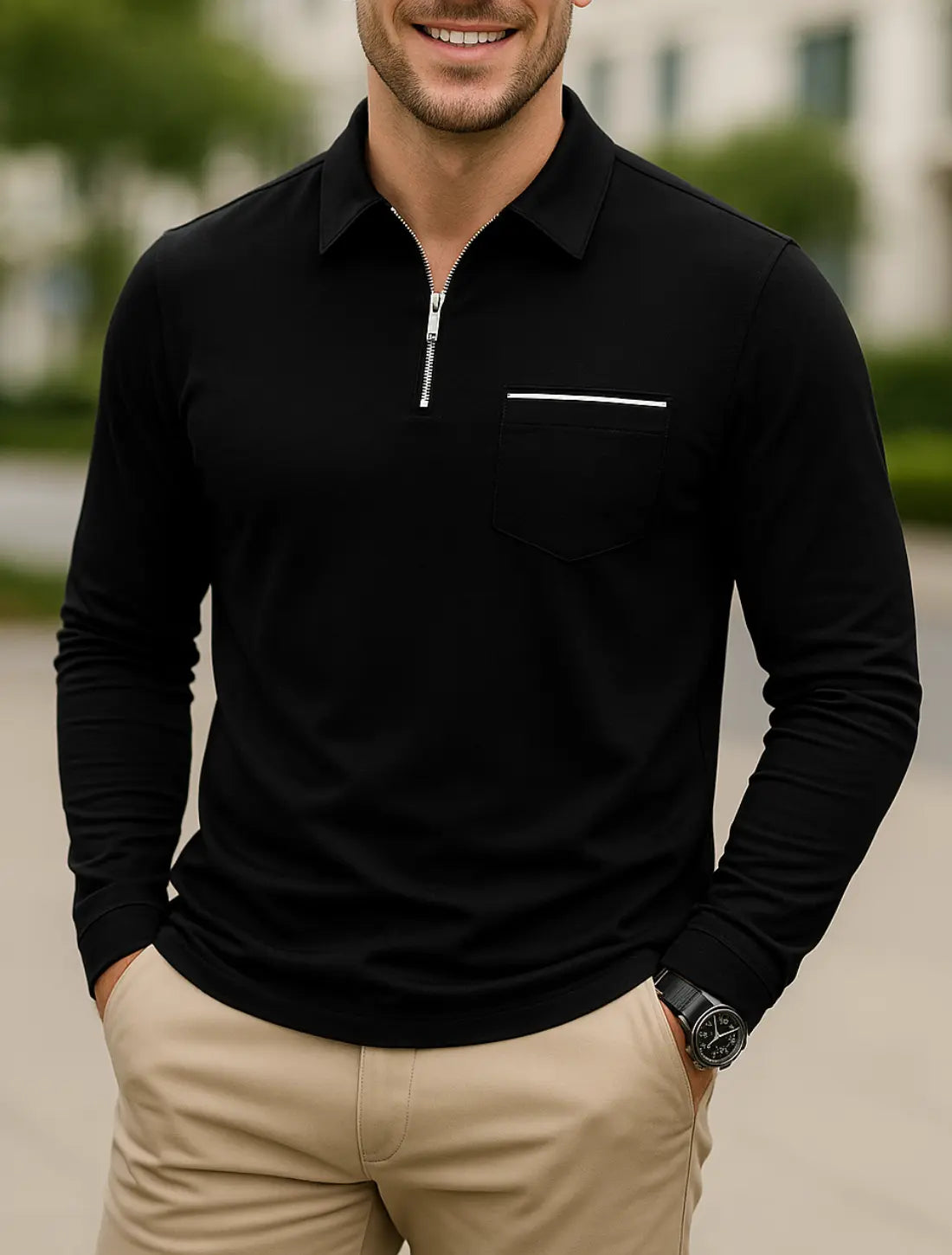 Heren Lange Mouwen Poloshirt, Hoge Kwaliteit Business Casual Kap Met Zak, Lente Herfst Slijtage | VIQA VIQA© NEDERLANDZwart / 2XL