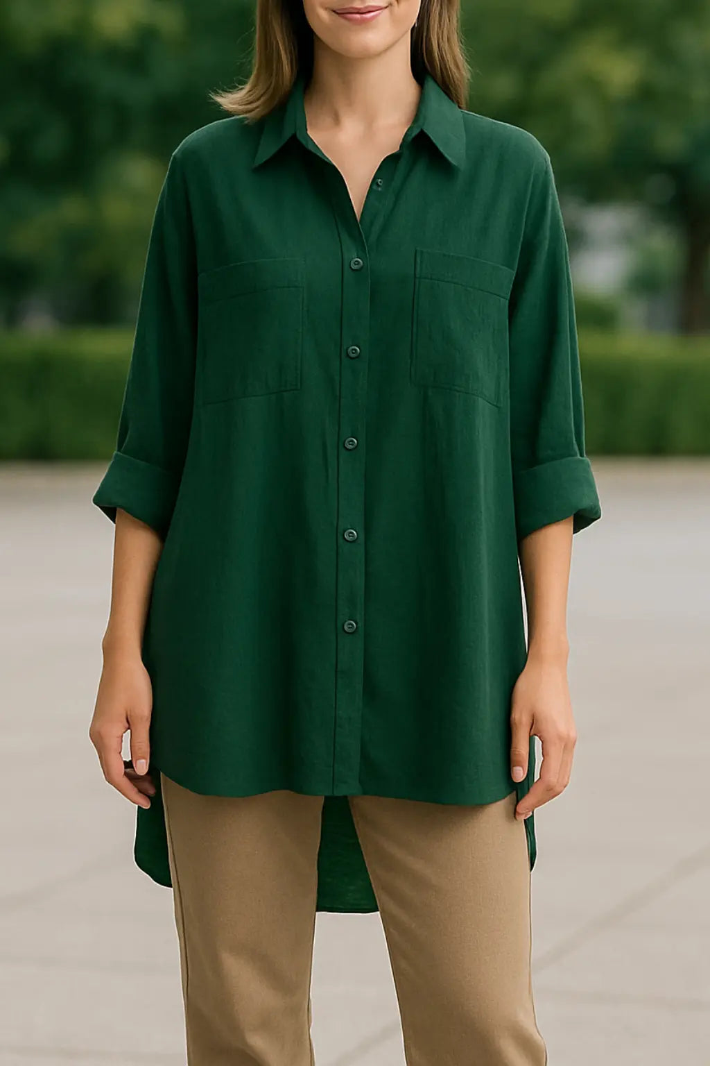 Dames Lange Mouw Shirt, Turn Down Kraag Stevige Blouse, Single Breasted Mid Lengte Top | VIQA VIQA© NEDERLANDGroen / 2XL