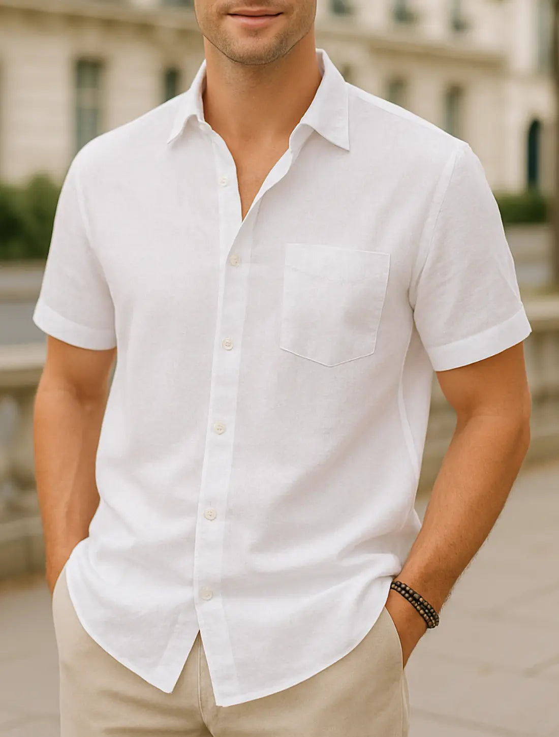 Heren Katoenen Linnen Shirt Met Korte Mouwen, Zomerse Casual Strandkleding, Effen Kleur Gedraaide Kraag | VIQA VIQA© NEDERLANDWit / 2XL