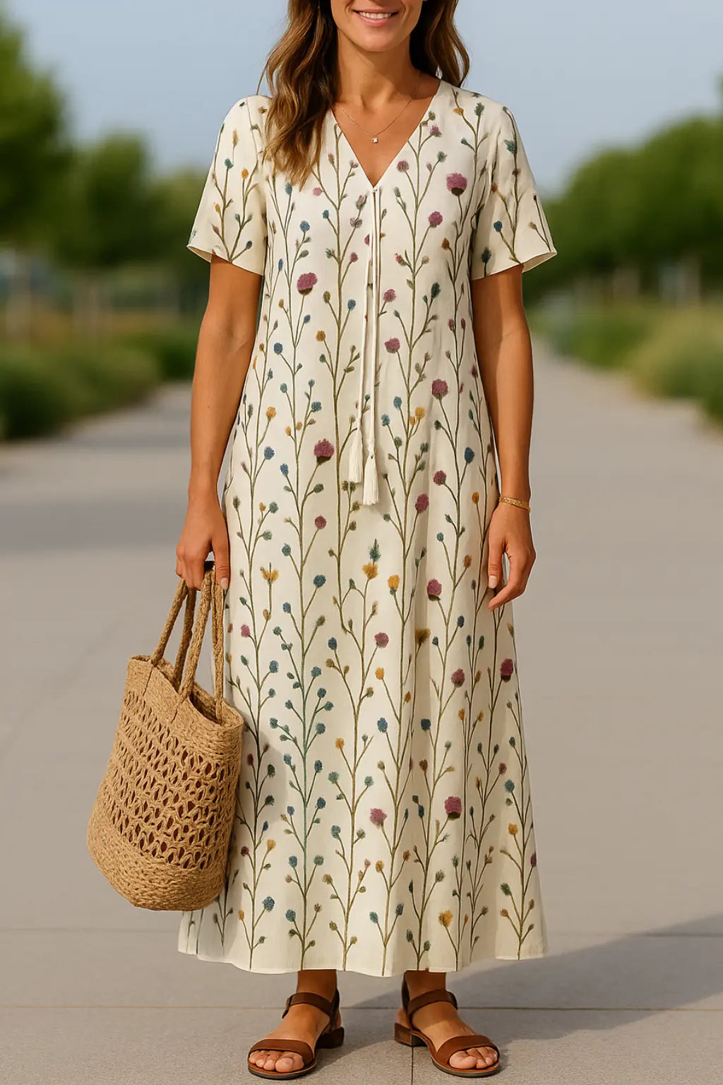 Dames Zomerjurk Met Bloemen V-Hals, Casual Boho Vakantiejurk Met Korte Mouwen En Kwastjes | VIQA VIQA© NEDERLANDWit-Bloemen / 2XL