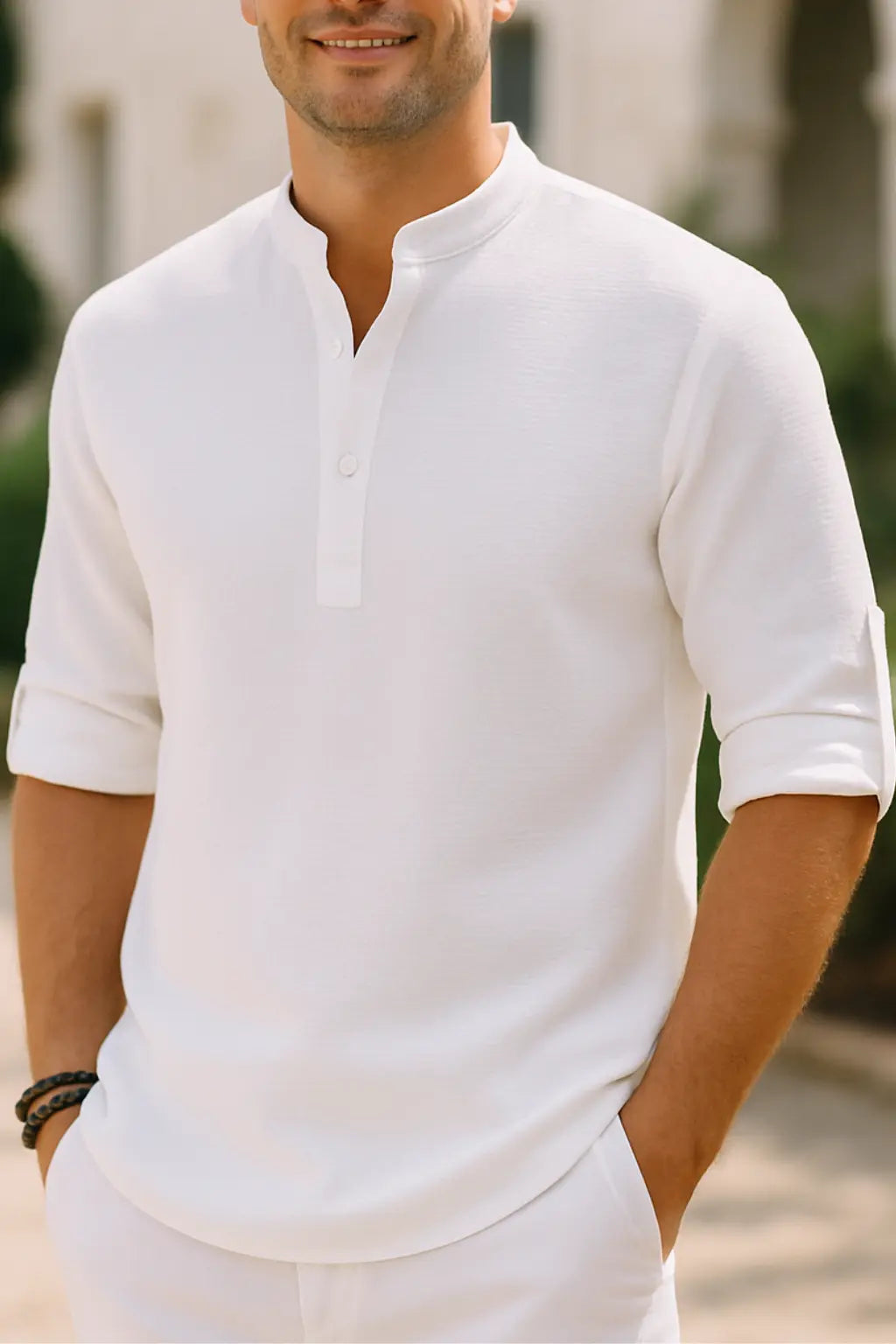 Heren Katoenen Linnen Overhemd, Lange Mouwen Effen Kleur Casual Strand Top Met Staande Kraag | VIQA VIQA© NEDERLANDWit / 2XL