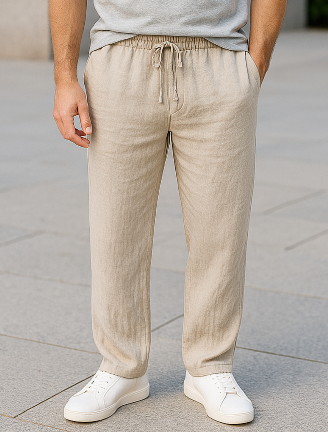 Herenbroek Van Katoen En Linnen, Effen Minimalistische Casual Broek Met Trekkoord En Rechte Pijpen | VIQA VIQA© NEDERLAND