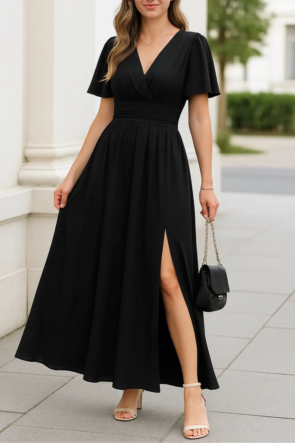 Dames Elegante V-hals Maxi Jurk, Zomer Korte Mouwen Hoge Taille Slank Fit Casual Jurk| VIQA VIQA© NEDERLANDZwart / 2XL