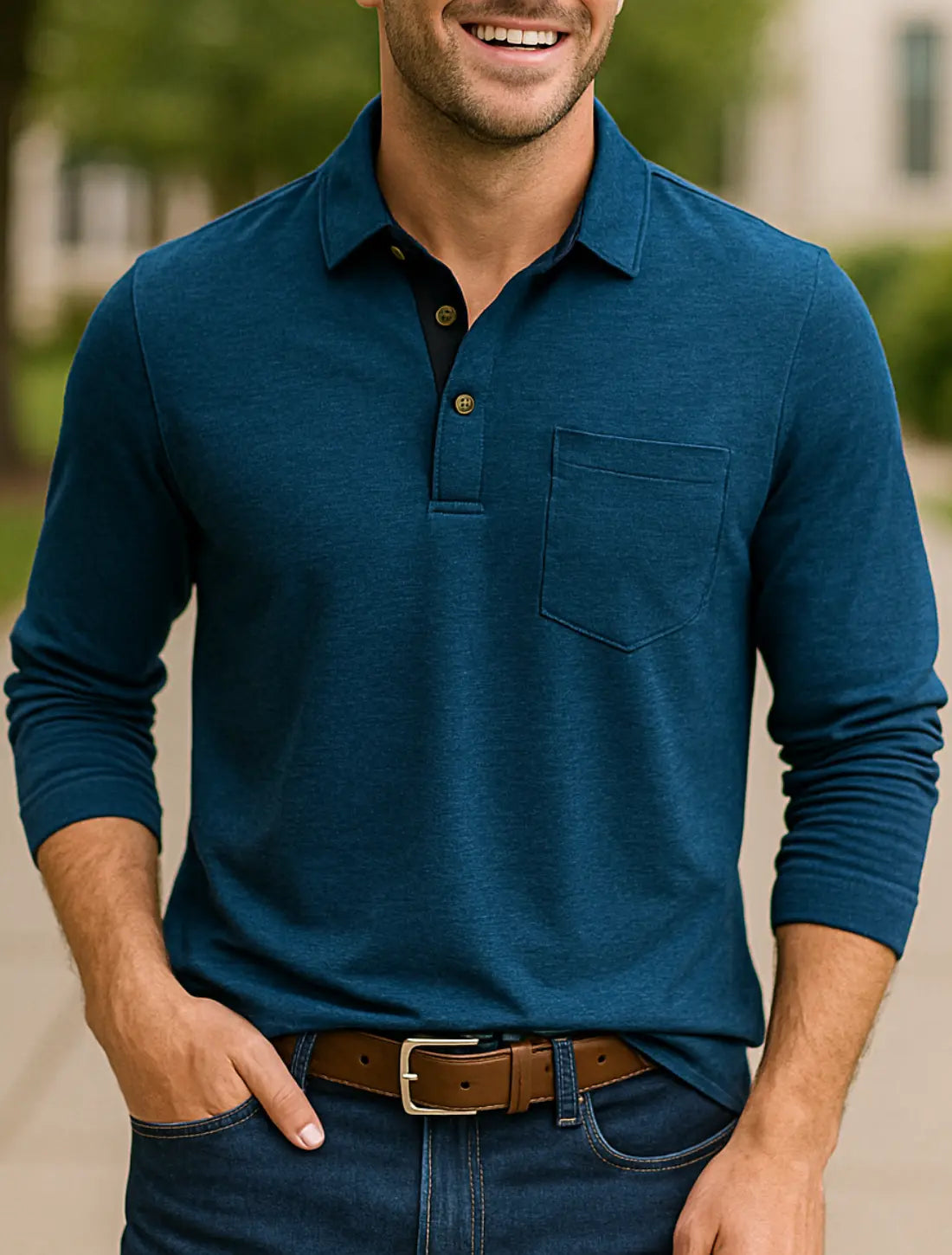 Heren Poloshirt Met Lange Mouwen, Zakelijk Casual T-Shirt Met Revers En Zak, Zacht Katoenen Top | VIQA VIQA© NEDERLANDBlauw / 2XL