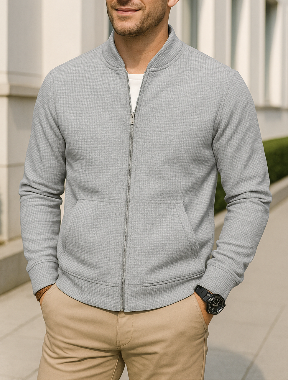 Slim Pasvorm Herenvest, Wafelpatroon, Oslagkraag, Lange Mouwen, Sportieve Stijl En Zak Met Ritssluiting | VIQA VIQA© NEDERLAND