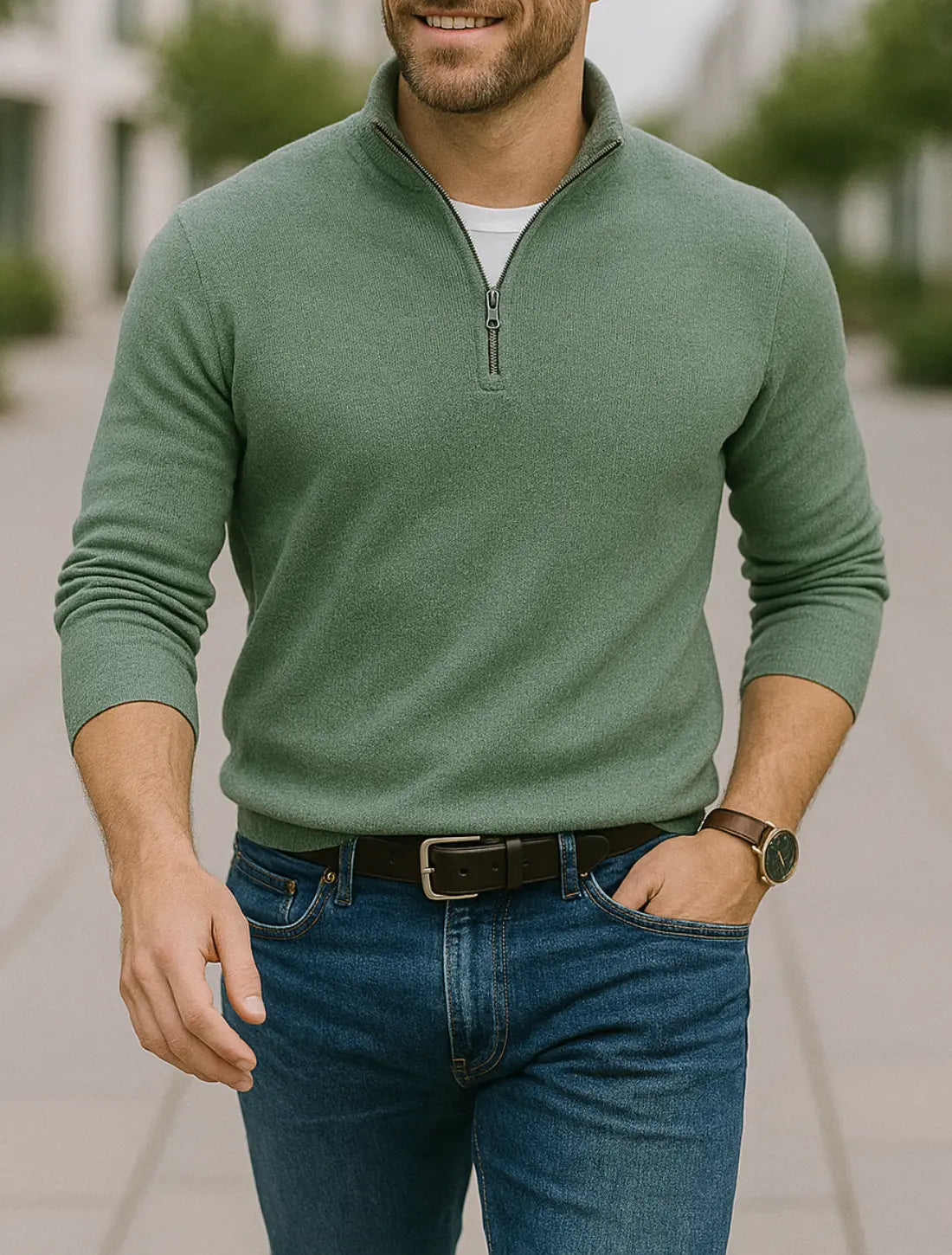 Heren Winter Trui, Halve Rits V-Hals Sweater, Effen Kleur Slim Pasvorm Lange Mouwen Sweatshirt | VIQA VIQA© NEDERLANDGroen / 2XL