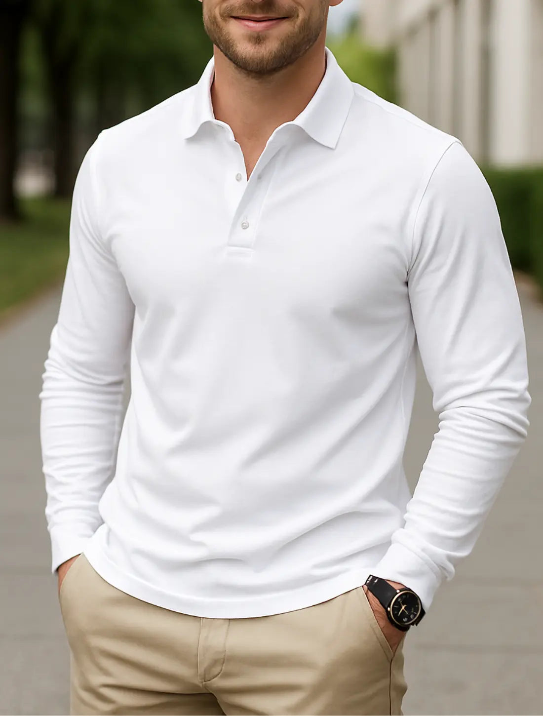 Effen Poloshirt Voor Heren, Aakelijke Casual Top Met Lange Mouwen, Reis- En Outdoor Vrijetijdskleding | VIQA VIQA© NEDERLANDWit / 2XL