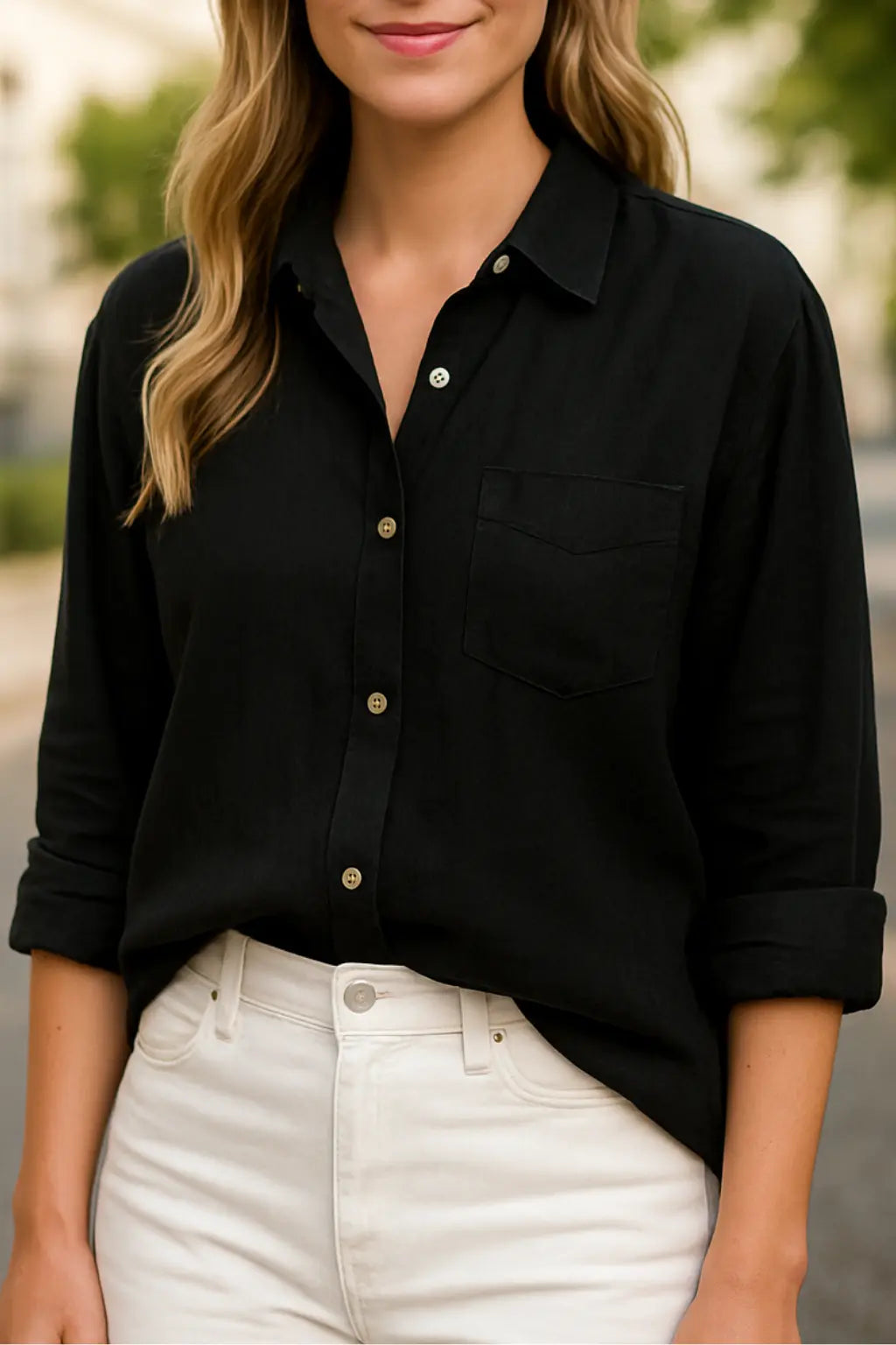 Dames Linnen Lange Mouw Shirt, Elegant Effen Kleur Casual T-Shirt Overhemd | VIQA VIQA© NEDERLANDZwart / 2XL