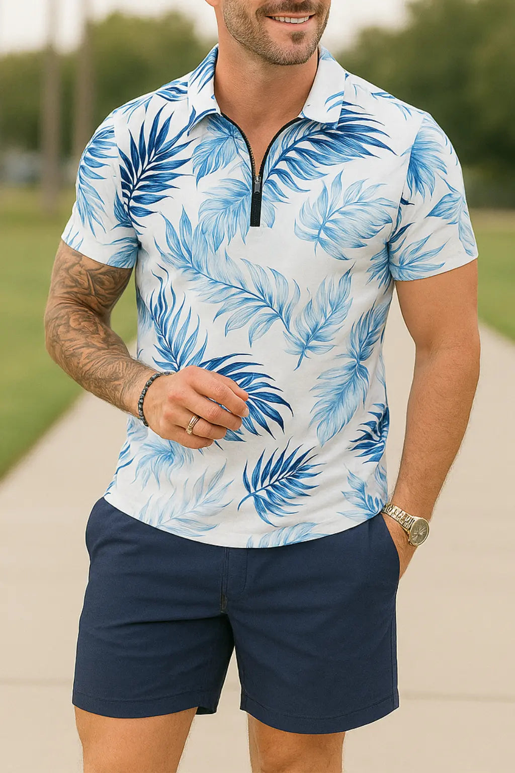 Heren Polo Overhemd Met Rits En Korte Broek Set, 2-Delige Zomer Outfit, Vrijetijdskleding | VIQA VIQA© NEDERLANDBlauw / 2XL