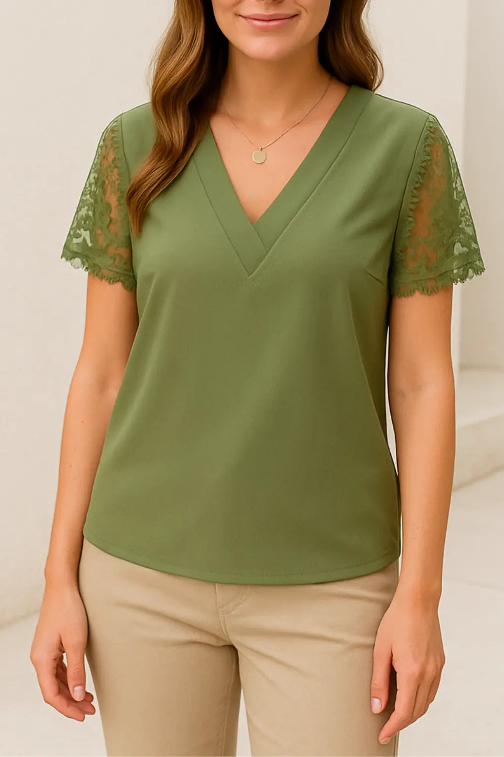 Dames V-Hals Jacquard Top, Effen Kleur Korte Mouwen Blouse, Elegante Zomer Casual Shirt | VIQA VIQA© NEDERLANDGroen / XL