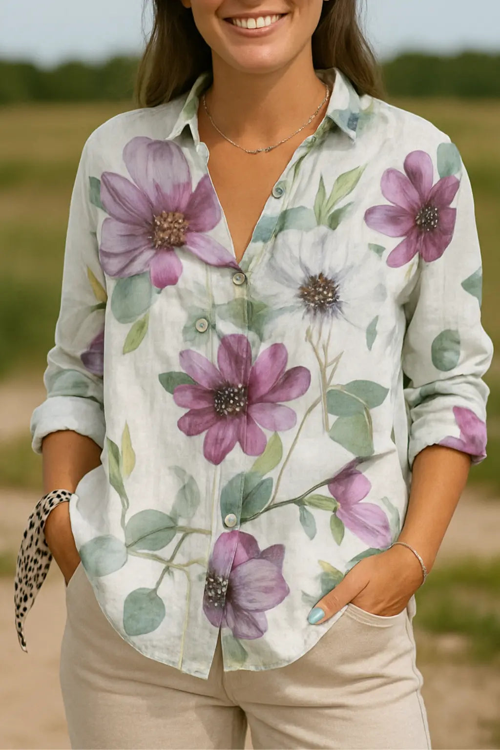 Dames Zomer Bloemen Print Shirt, Lange Tuniek Stijl Met Halve Mouwen, Lichtgewicht Trendy Top | VIQA VIQA© NEDERLANDWit-Paars / 2XL