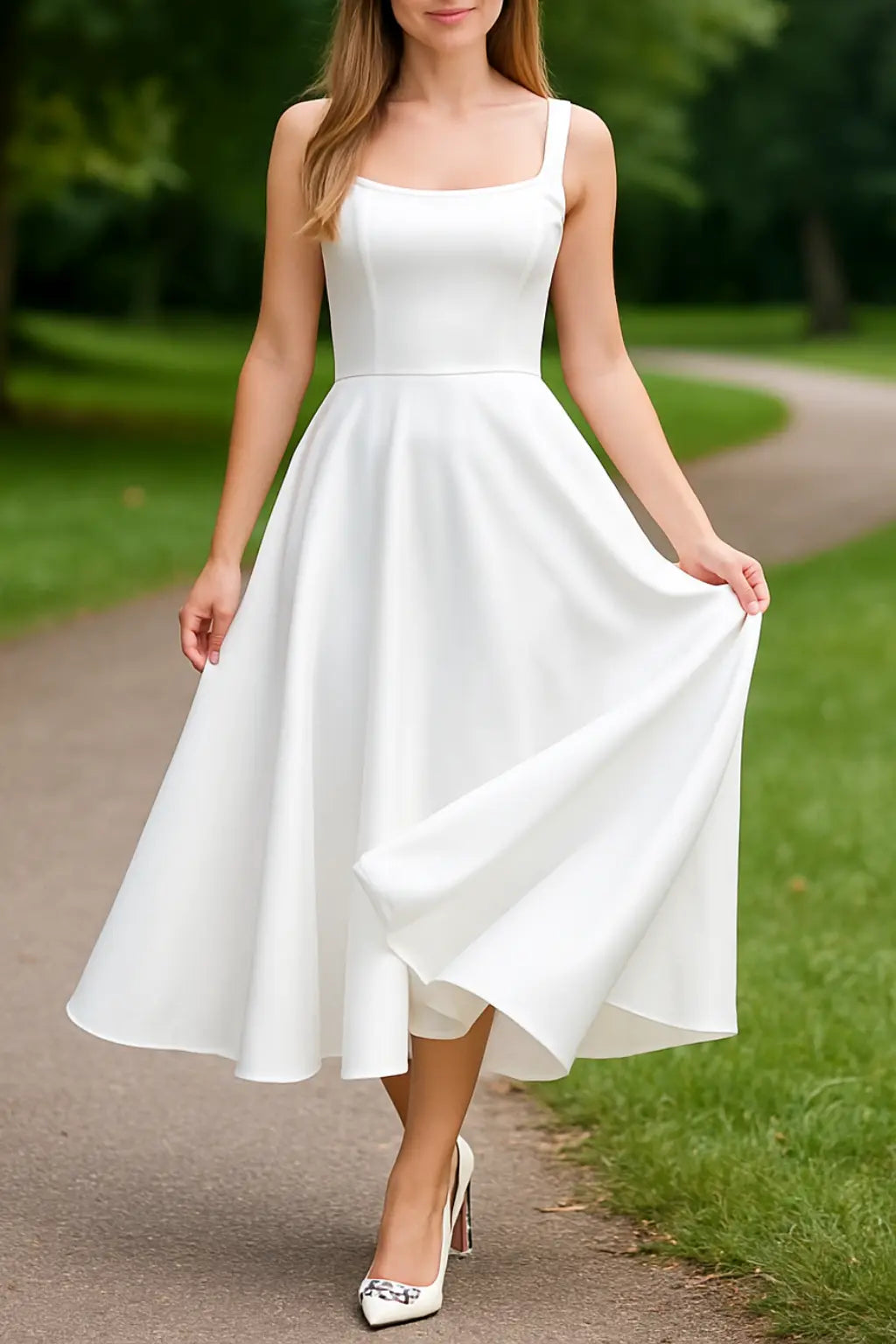 Dames Mouwloze A-Line Jurk, Vierkante Hals Hoge Taille Zomerfeest Cocktail Jurk | VIQA VIQA© NEDERLANDWit / 2XL
