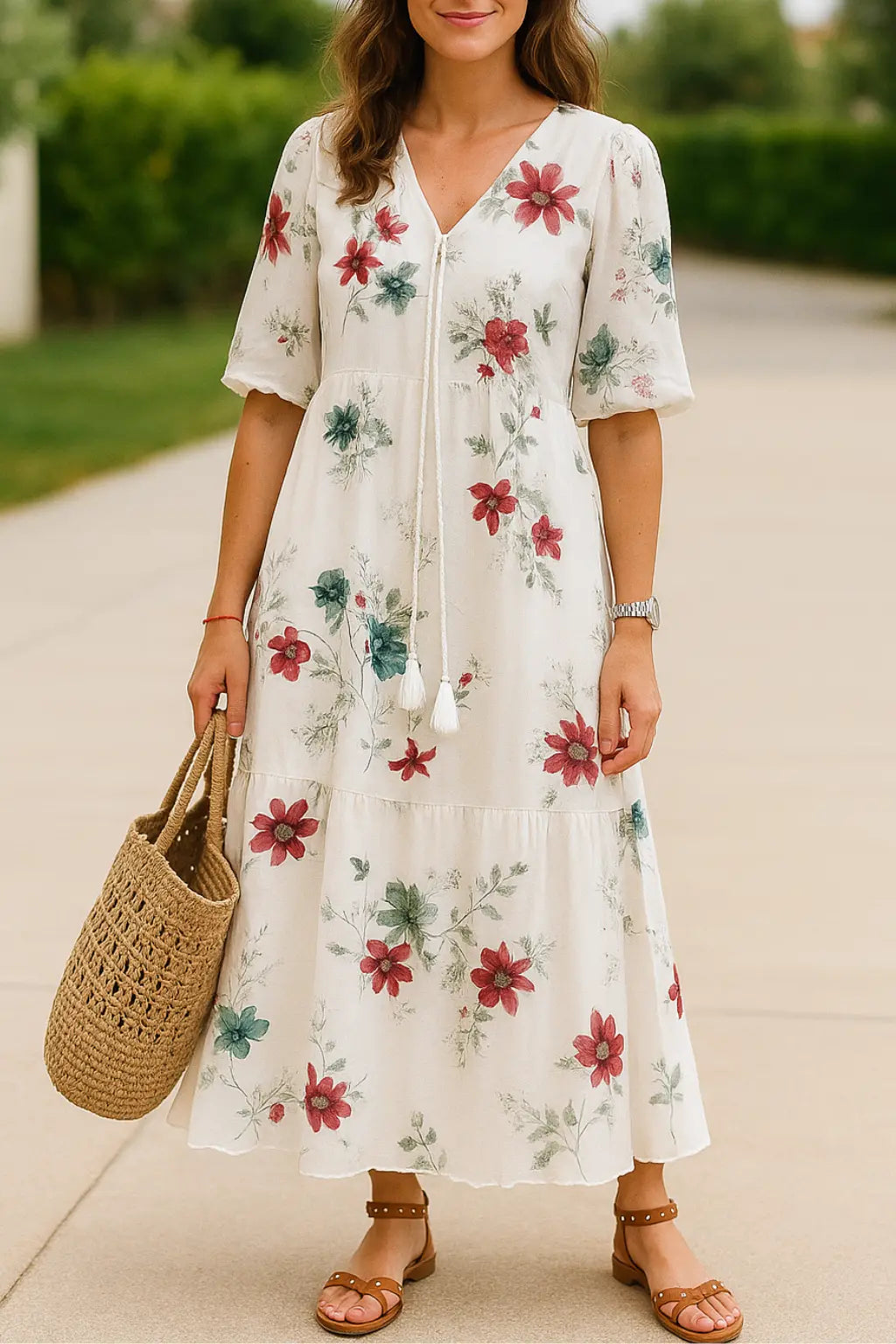 Dames Maxi Zomer V-Hals Bedrukte Jurk, Casual Losse Lange Mouwen Koord Stijl | VIQA VIQA© NEDERLANDWit / 2XL