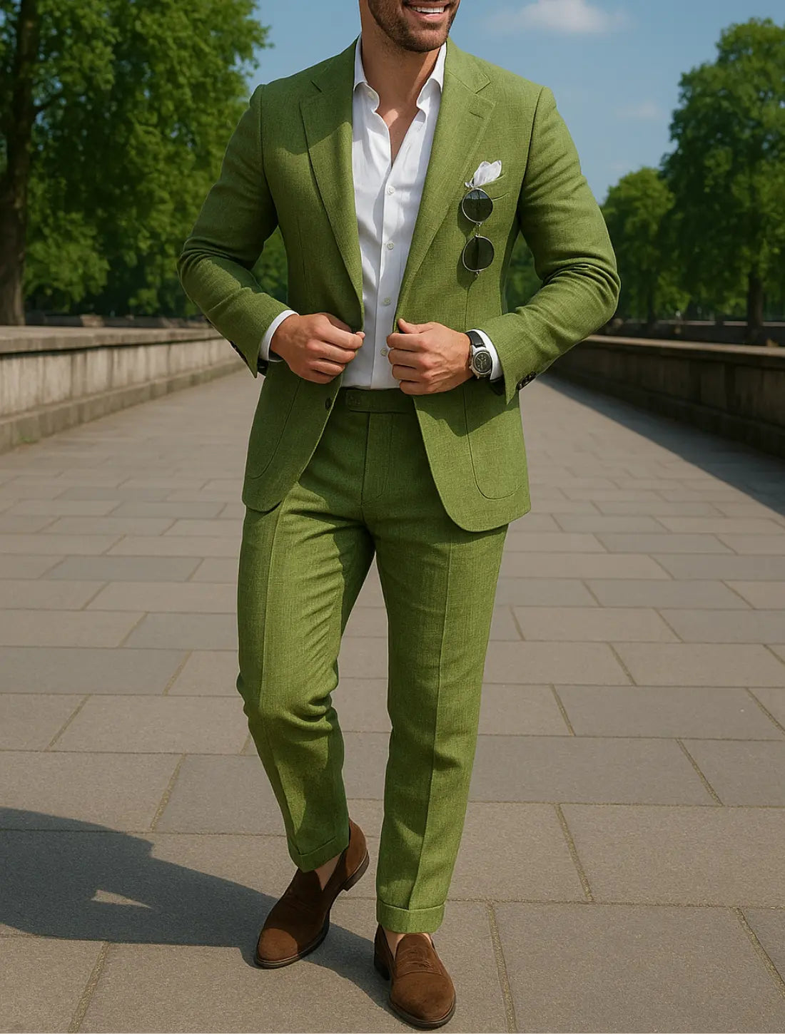 Linnen Herenset, Zomerdelige Tweedelige Blazer En broek, Casual Zakelijk Enkelknoops Kostuum | VIQA VIQA© NEDERLANDGroen / 2XL