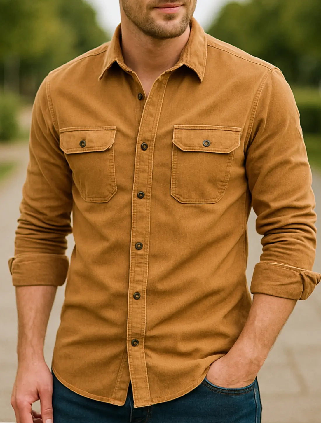 Heren Corduroy Overhemd, Lange Mouw Slim Pasvorm, Effen Kleur Zakelijk Casual Wear | VIQA VIQA© NEDERLANDKaki / 2XL