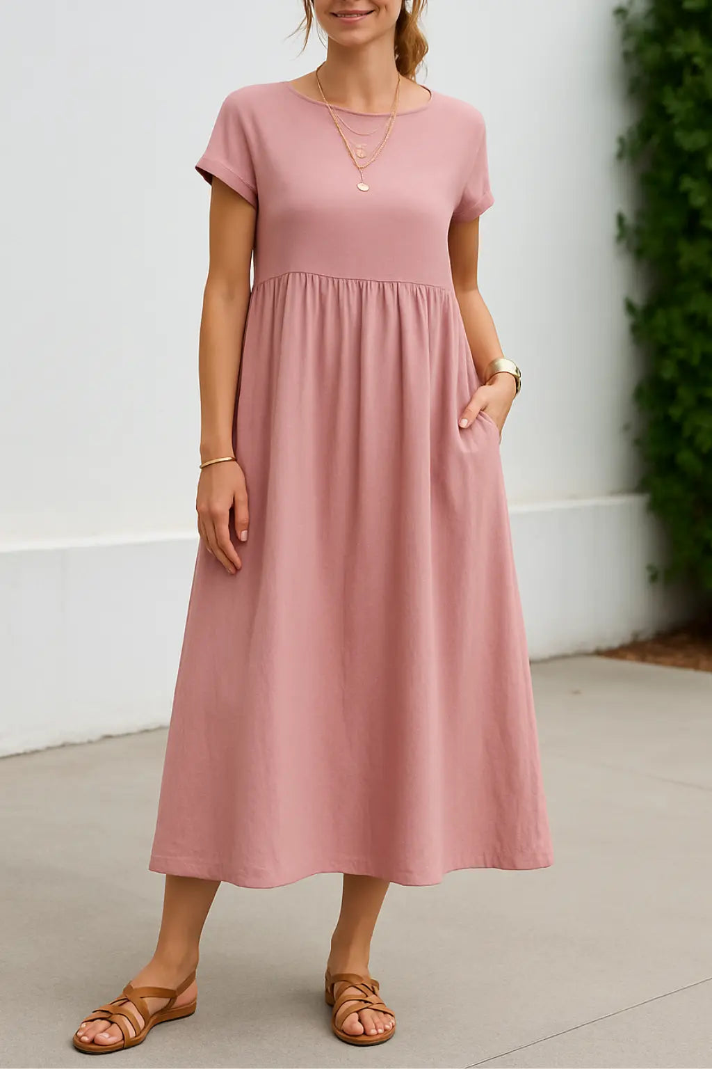 Dames Maxi Jurk, Elegante Korte Mouwen Zomer Lange Jurk Met Zakken | VIQA VIQA© NEDERLANDRoze / 2XL