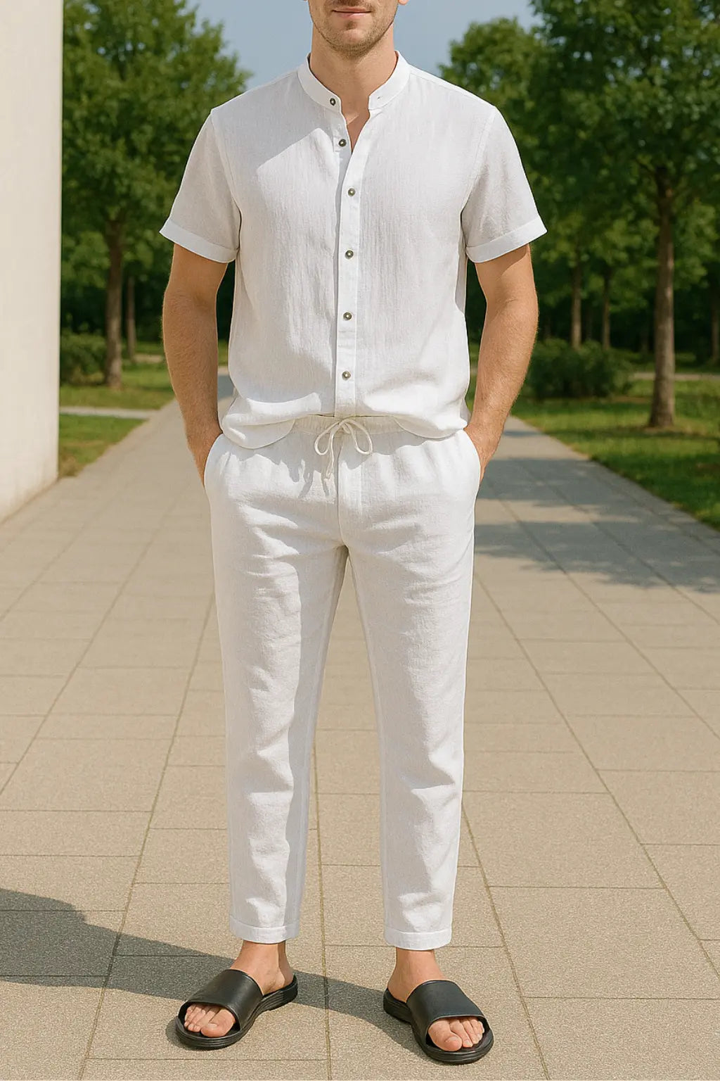 Heren Zomer Tweedelige Set, Katoen-Linnen Shirt Met V-hals En Lange Mouwen En Broek Met Trekkoord, Casual Outfit | VIQA VIQA© NEDERLANDWit-2XL