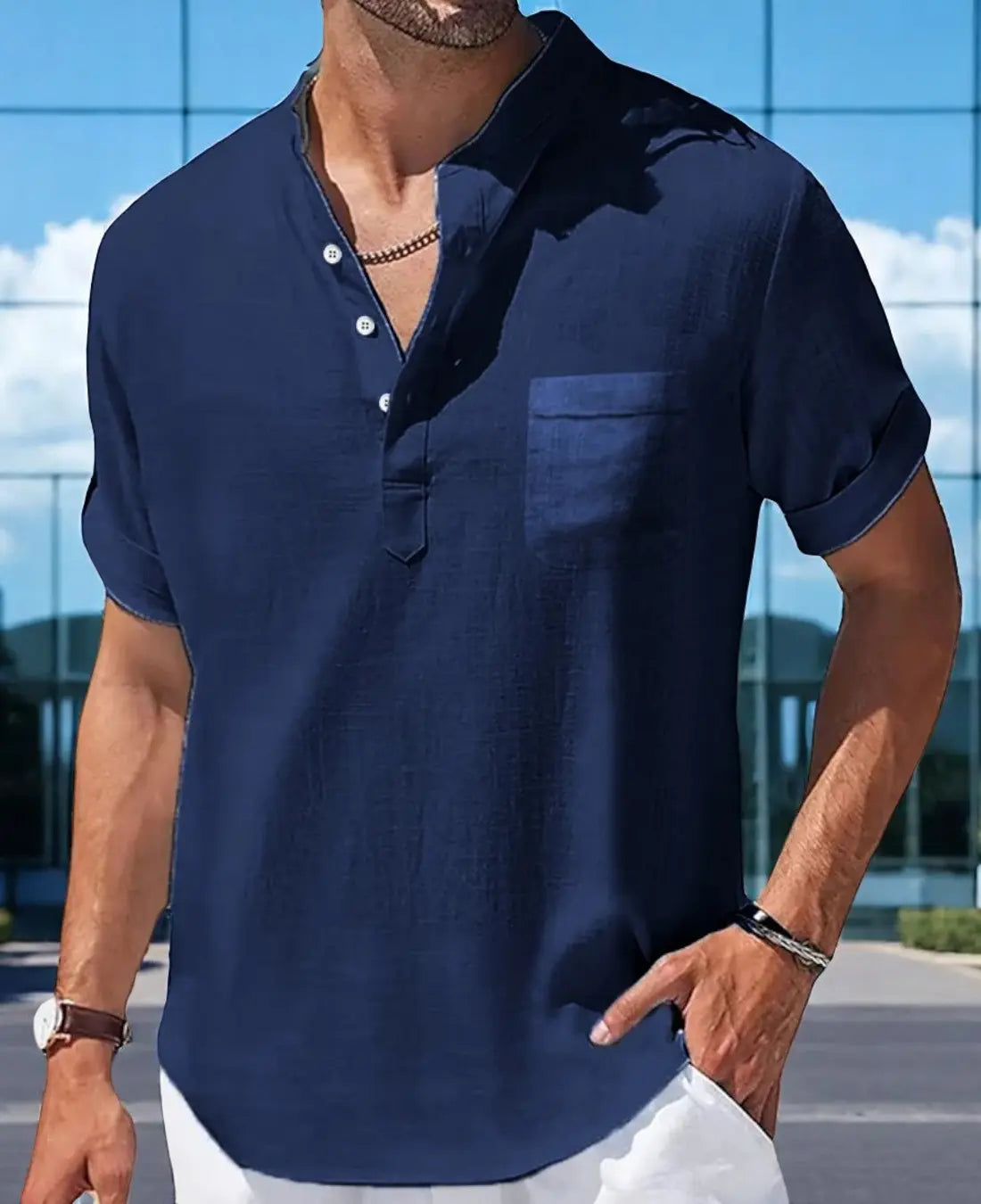 Heren Zomer Linnen Shirt, Casual Korte Mouwen, Ademende Staande Kraag Top Met Zak | VIQA VIQA© NEDERLANDDonkerblauw-2XL